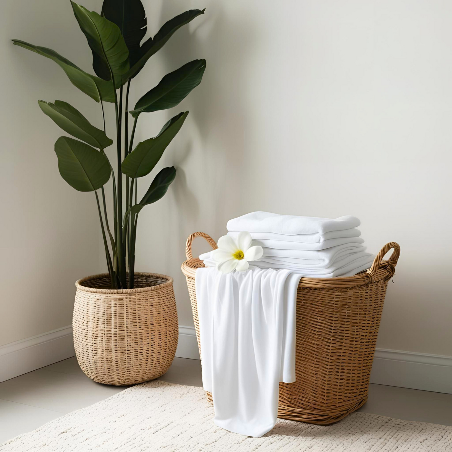 LINGE BLANC DANS PANIER OSIER AVEC GRANDE PLANTE