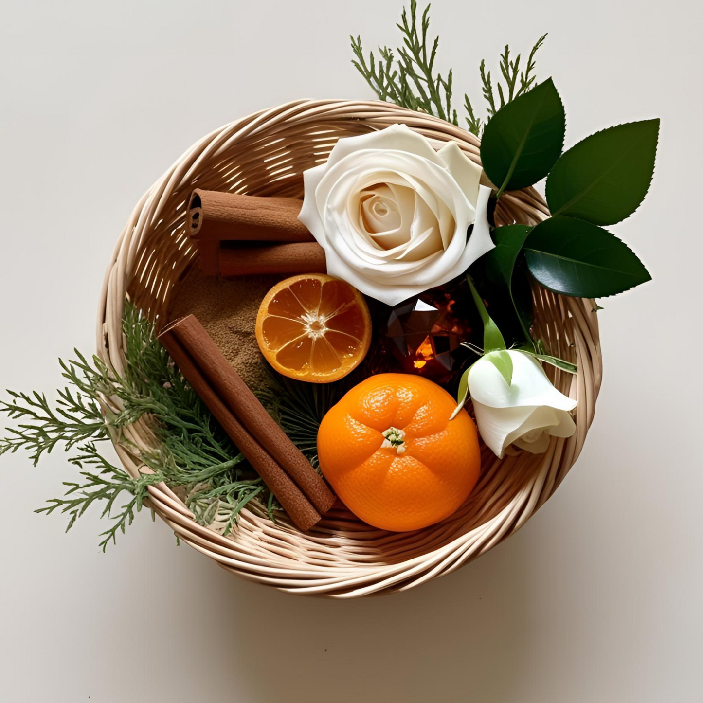 ROSE CANNELLE MANDARINE AMBRE EPICES DANS CORBEILLE OSIER