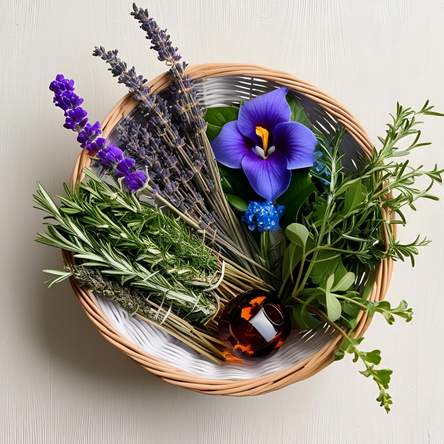 IRIS LAVANDE HERBES AMBRE FLEURS BLEUES DANS CORBEILLE OSIER
