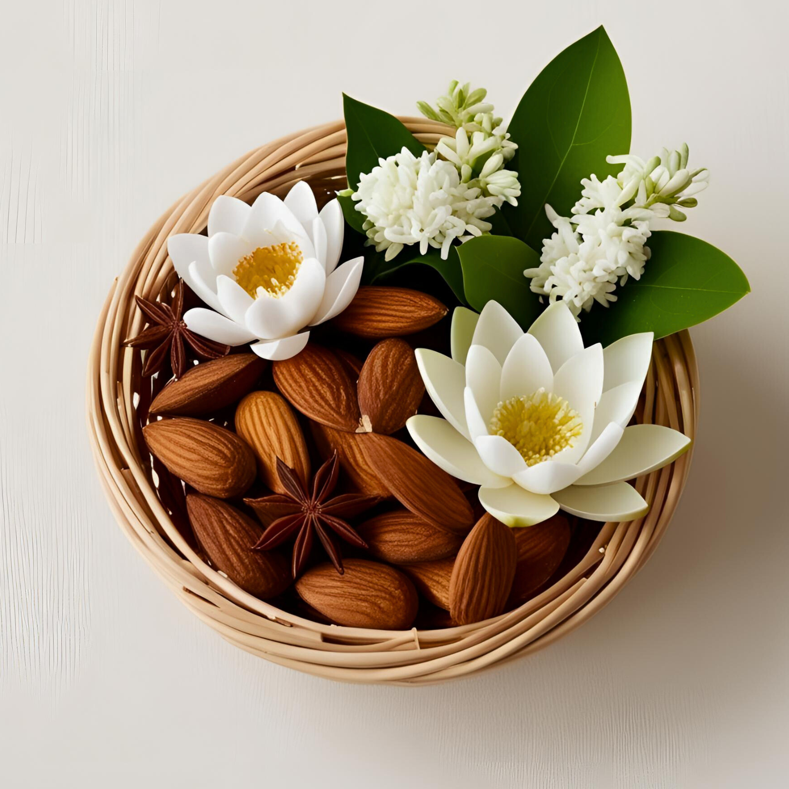 AMANDES ANIS JASMIN FLEUR DE LOTUS DANS CORBEILLE OSIER
