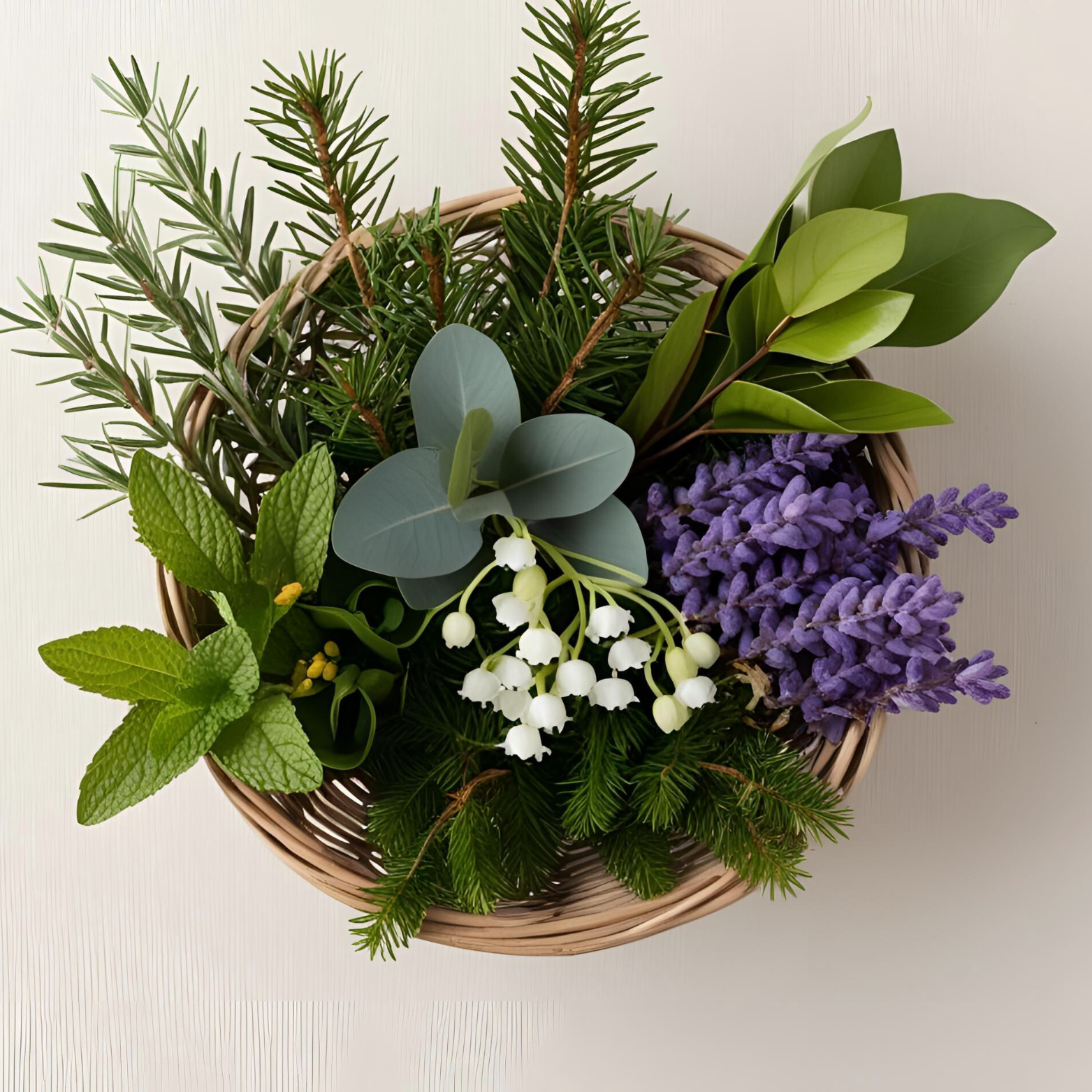 MENTHE LAVANDE EUCALYPTUS MUGUET PIN DANS CORBEILLE OSIER 