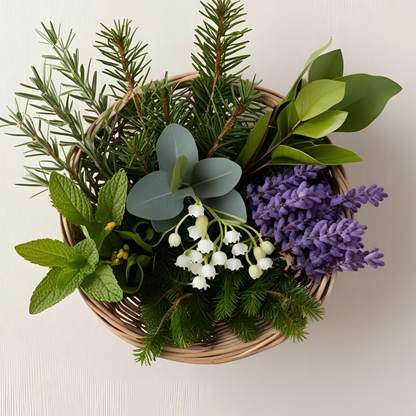 MENTHE LAVANDE EUCALYPTUS MUGUET PIN DANS CORBEILLE OSIER 
